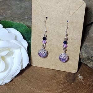 Hand Crafted Earrings With Purple & Blue Crackled Glass Beads & Crystal Accents